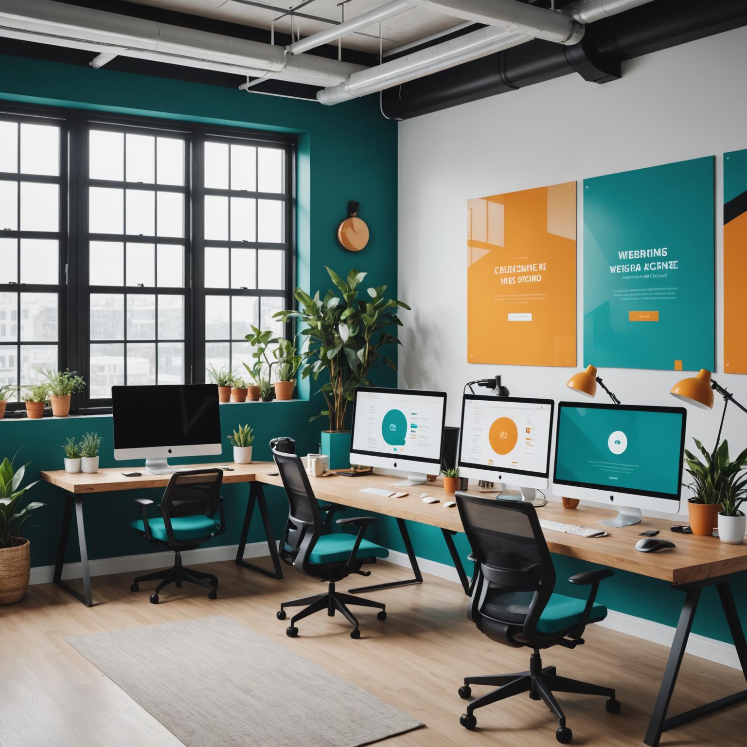 Modern web design agency workspace with creative professionals